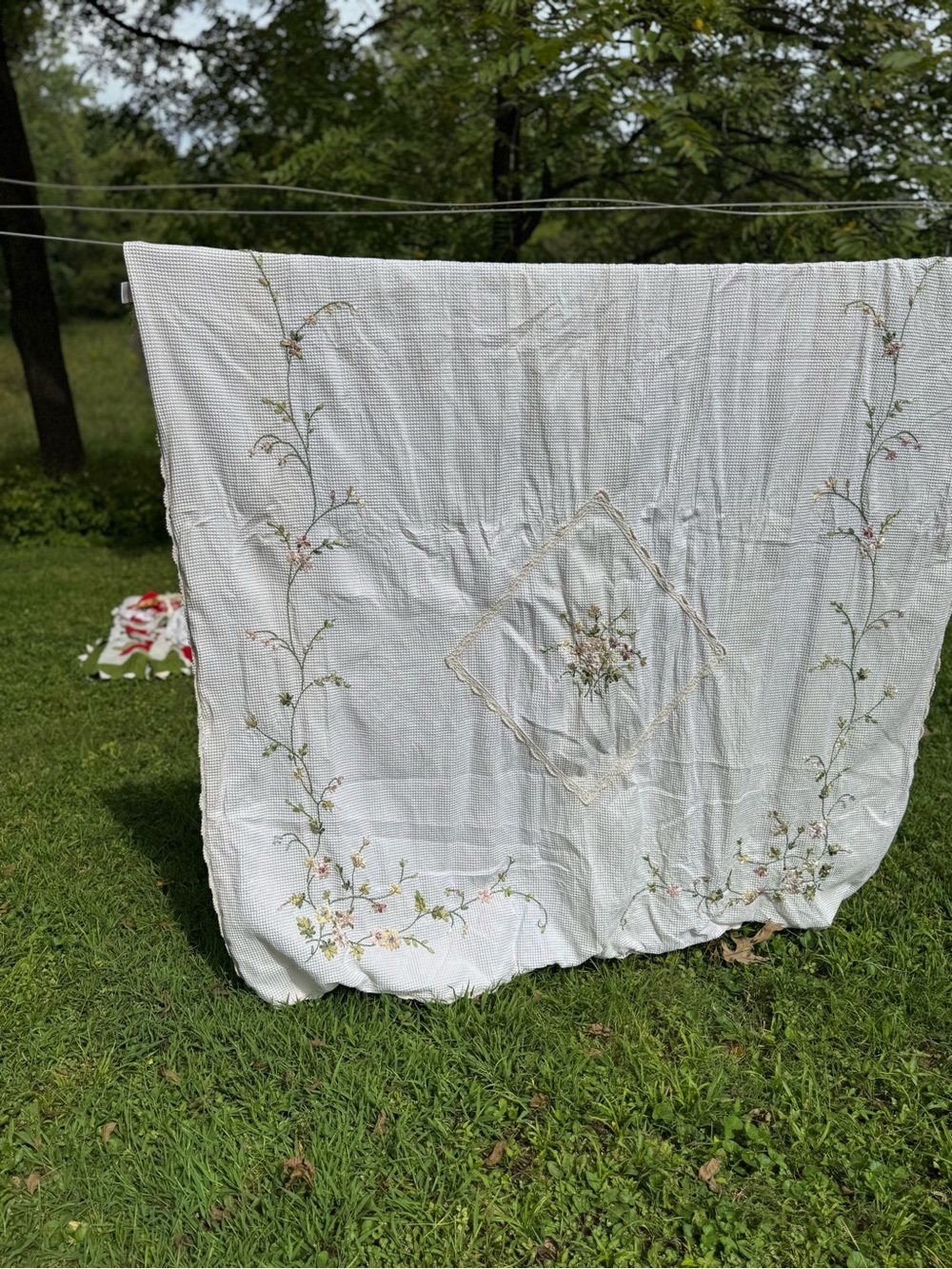 Vintage jcpenney White Shower Curtain with Pastel Floral Embroidery